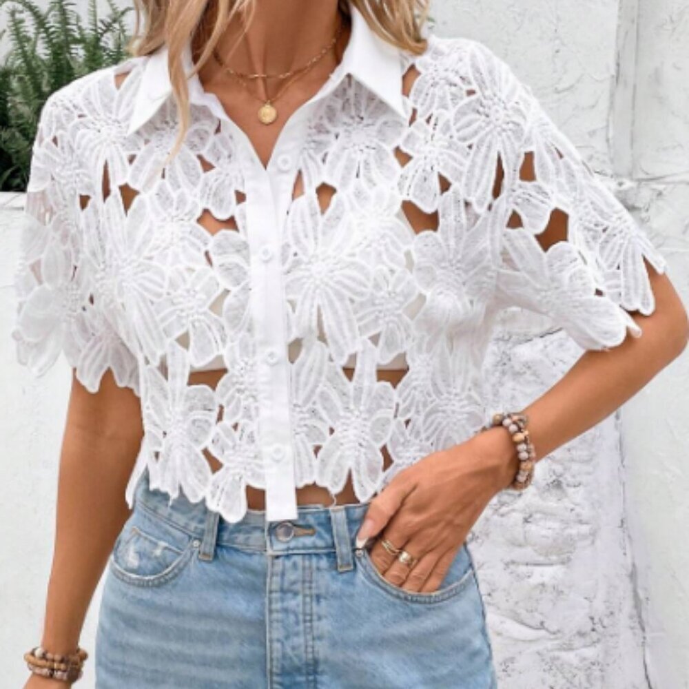 White Elegant Women's Plus Size Floral Lace Hollow Out Blouse